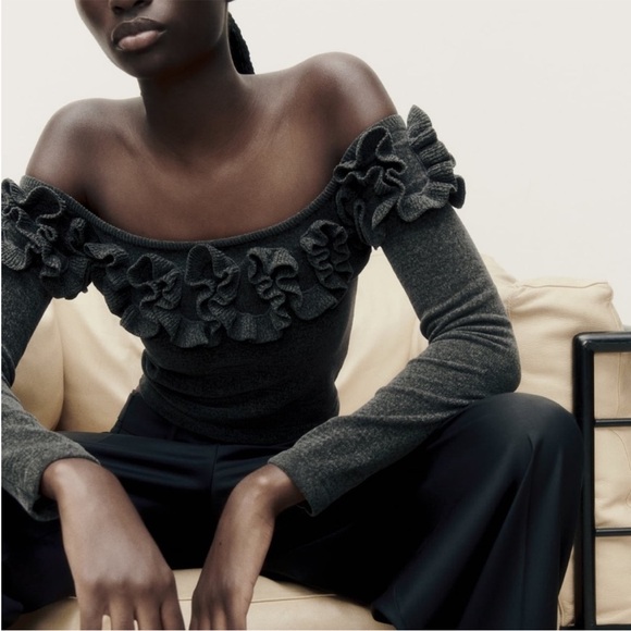 ZARA RUFFLED CHENILLE CROP TOP - Picture 4 of 8